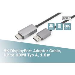 Digitus DisplayPort kabelový adaptér Konektor DisplayPort, Zástrčka HDMI-A 1.8 m černá DB-340305-018-S 8K UHD, třížilový stíněný, flexibilní provedení, bez