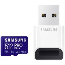 Samsung PRO Plus paměťová karta SDXC 512 GB Class 10 UHS-I, v30 Video Speed Class podpora videa 4K, výkonnostní standard A2, vč. USB čtečky karet, nárazuvzdorné